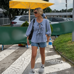 Women's Striped Tie-Front Blouse with Puff Sleeves and Peplum Hem – Casual Summer Top