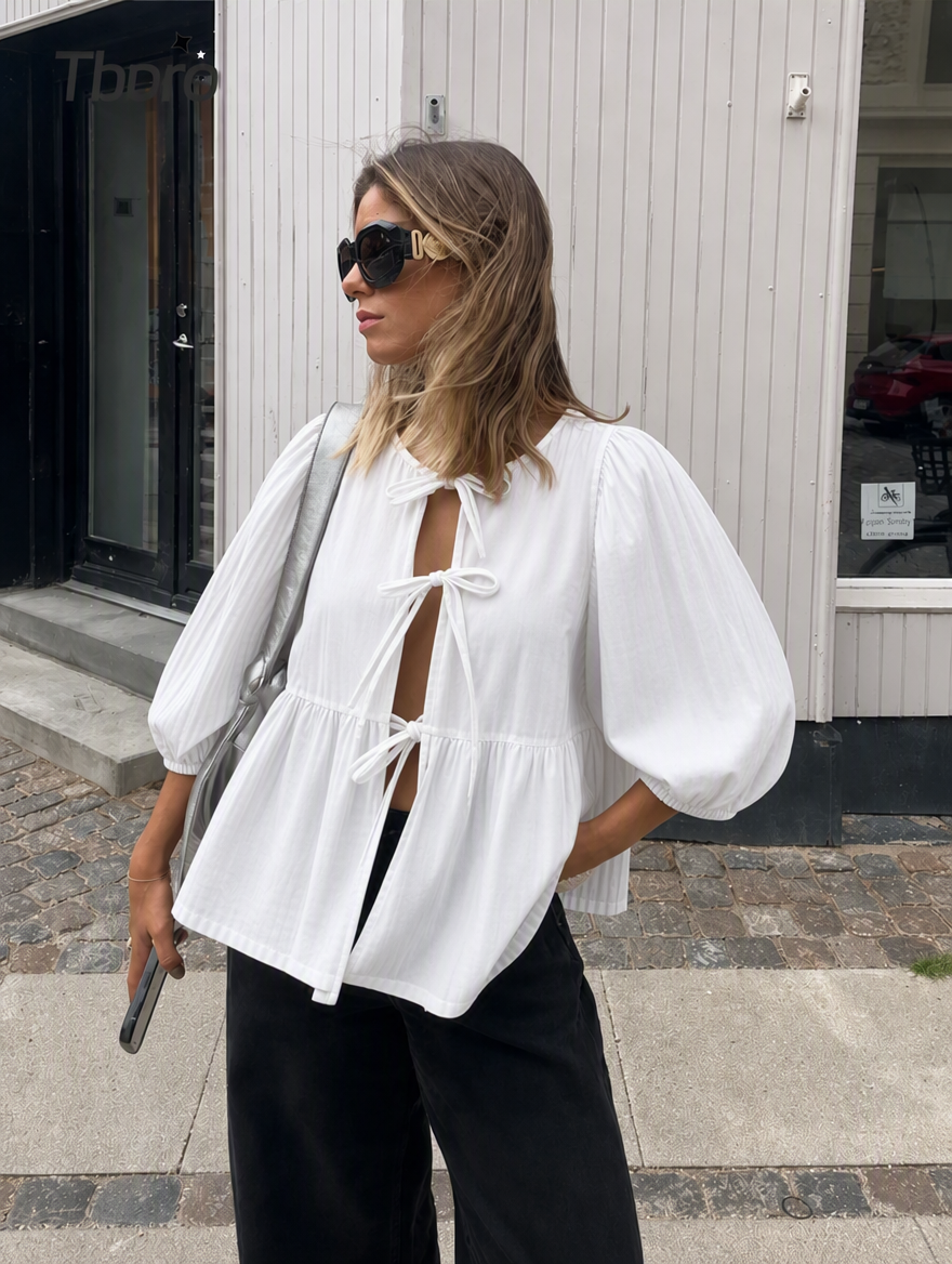Women's Striped Tie-Front Blouse with Puff Sleeves and Peplum Hem – Casual Summer Top