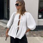 Women's Striped Tie-Front Blouse with Puff Sleeves and Peplum Hem – Casual Summer Top