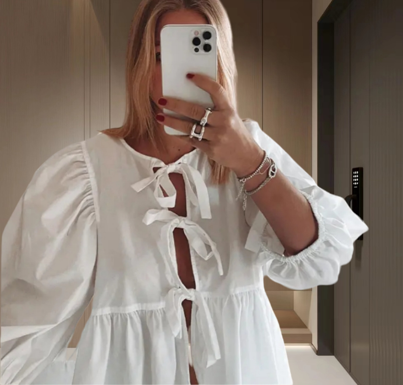 Women's Striped Tie-Front Blouse with Puff Sleeves and Peplum Hem – Casual Summer Top