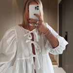 Women's Striped Tie-Front Blouse with Puff Sleeves and Peplum Hem – Casual Summer Top