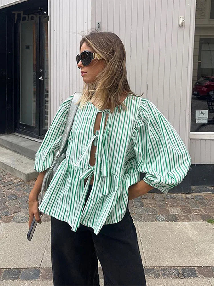 Women's Striped Tie-Front Blouse with Puff Sleeves and Peplum Hem – Casual Summer Top