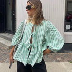 Women's Striped Tie-Front Blouse with Puff Sleeves and Peplum Hem – Casual Summer Top