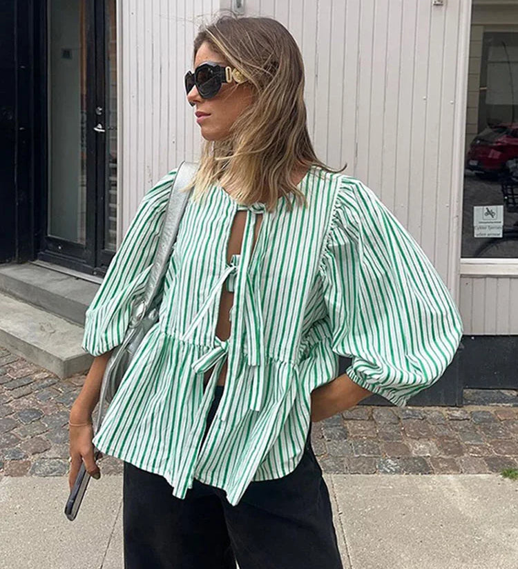 Women's Striped Tie-Front Blouse with Puff Sleeves and Peplum Hem – Casual Summer Top