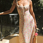 Women's Floral Cami Midi Sundress with Tie Front – Fitted Waist Summer Dress