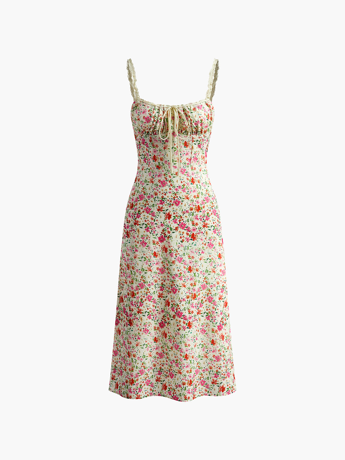 Women's Floral Cami Midi Sundress with Tie Front – Fitted Waist Summer Dress