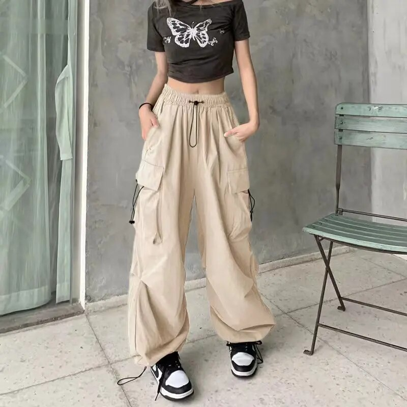 Women's Baggy Parachute Cargo Pants with Drawstring Cuffs – Relaxed Utility Pants