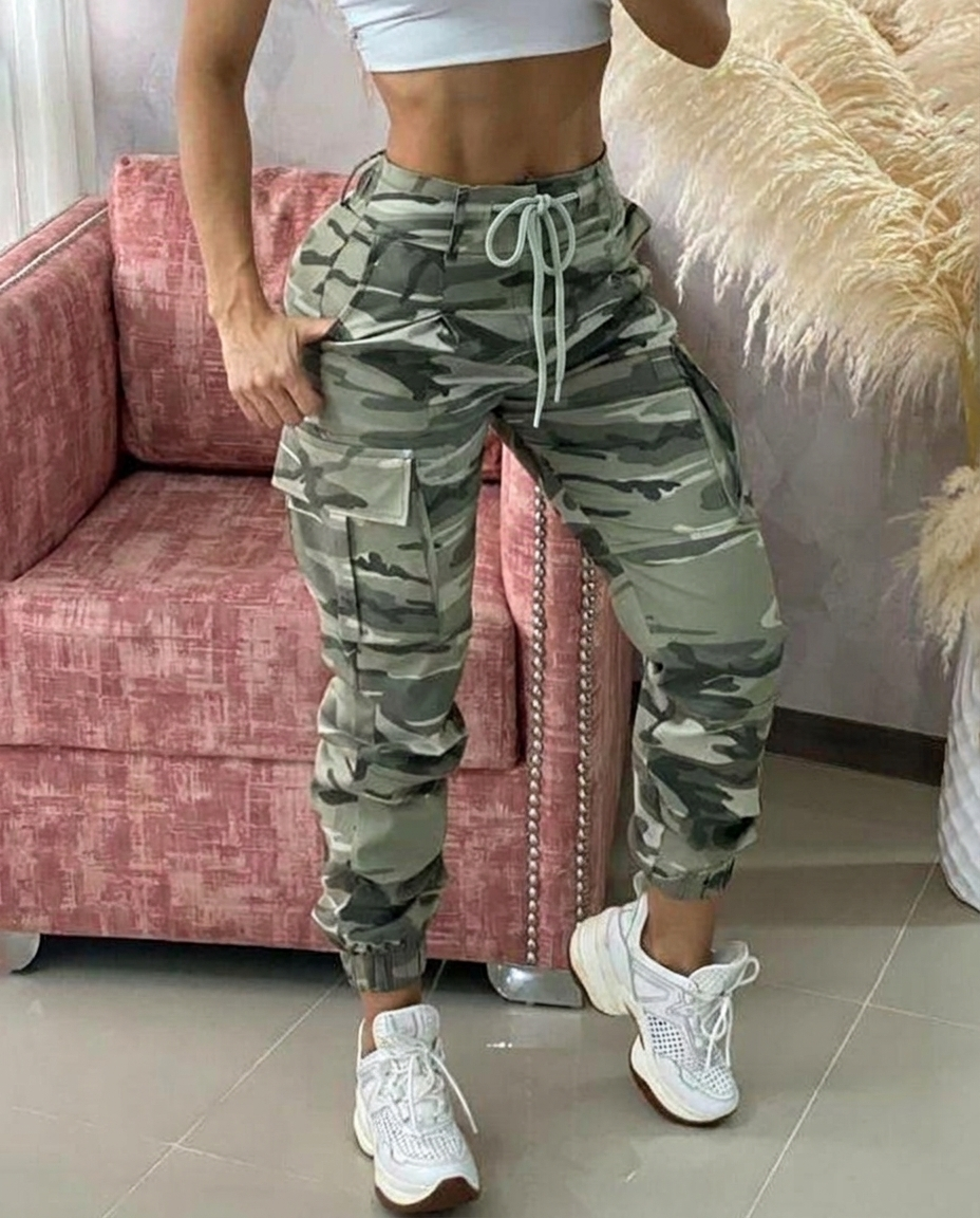 Women's Camo Print Cargo Jogger Pants with Elastic Cuffs – Drawcord Waist Casual Pants