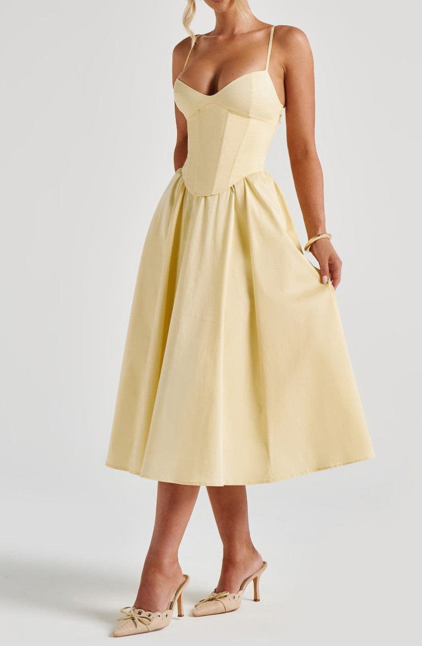 Women's Yellow Corset Midi Dress with Spaghetti Straps and Pleated A-Line Skirt – Formal Occasion Dress