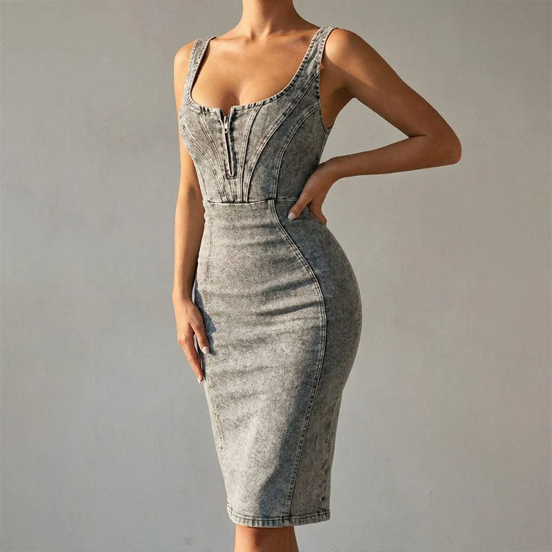 Women's Corset Bodycon Midi Dress with Front Zip – Sleeveless Washed Finish Casual Dress