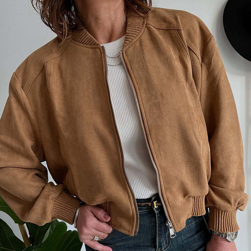 Women's Cropped Bomber Jacket with Ribbed Trim and Zip – Boxy Casual Layering Jacket