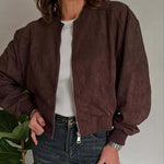 Women's Cropped Bomber Jacket with Ribbed Trim and Zip – Boxy Casual Layering Jacket