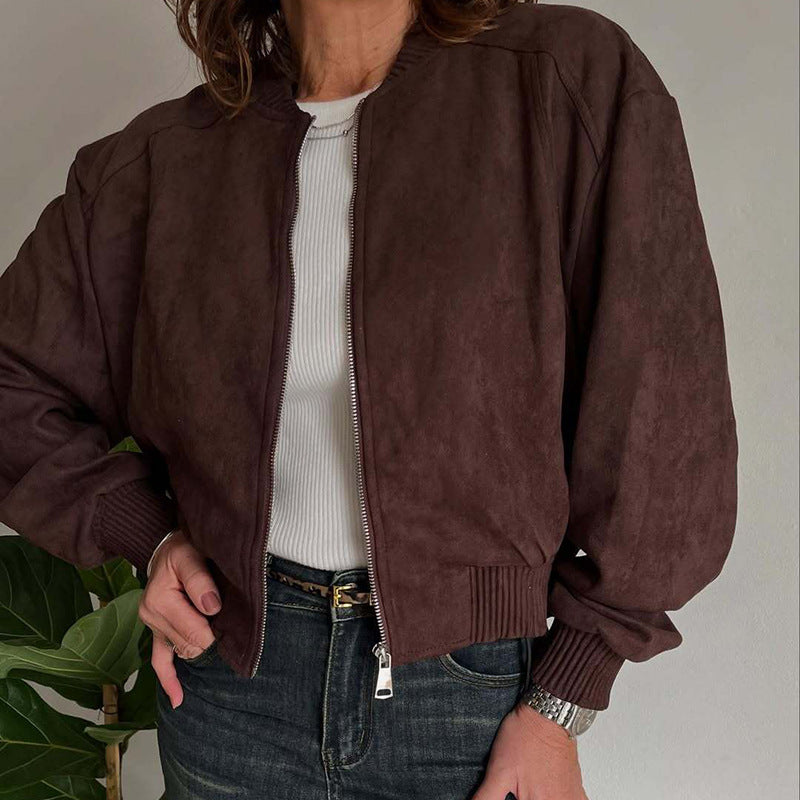 Women's Cropped Bomber Jacket with Ribbed Trim and Zip – Boxy Casual Layering Jacket