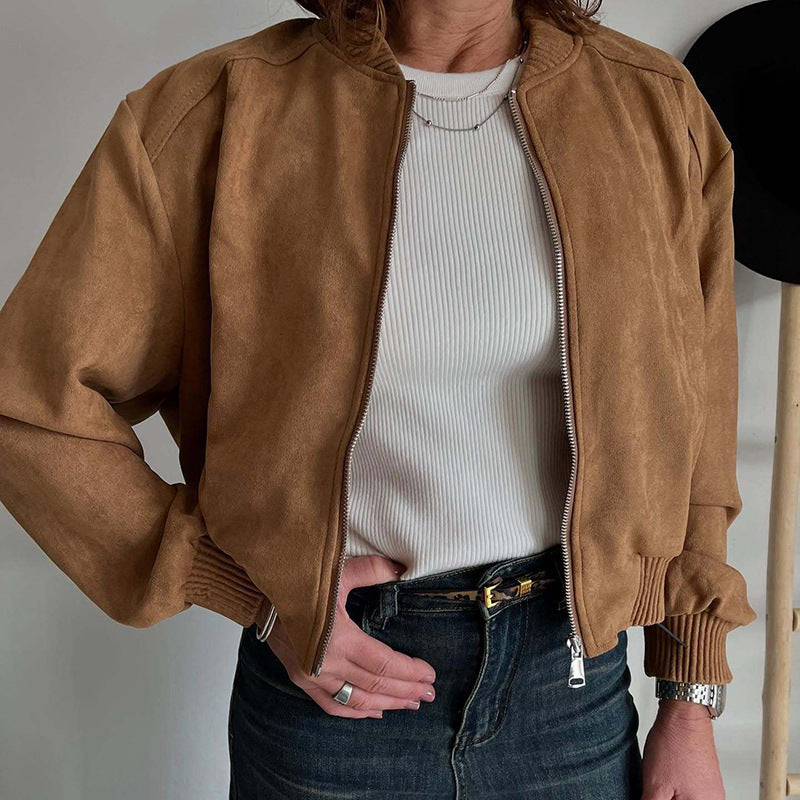 Women's Cropped Bomber Jacket with Ribbed Trim and Zip – Boxy Casual Layering Jacket