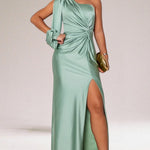 Women's One-Shoulder Maxi Evening Dress with Side Slit – Twist Waist Formal Gown