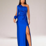 Women's One-Shoulder Maxi Evening Dress with Side Slit – Twist Waist Formal Gown