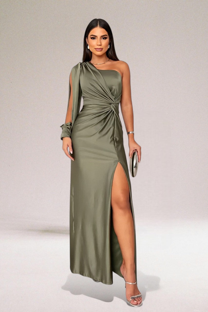 Women's One-Shoulder Maxi Evening Dress with Side Slit – Twist Waist Formal Gown