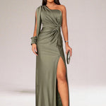 Women's One-Shoulder Maxi Evening Dress with Side Slit – Twist Waist Formal Gown