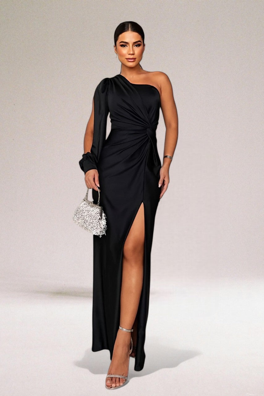 Women's One-Shoulder Maxi Evening Dress with Side Slit – Twist Waist Formal Gown