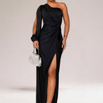 Women's One-Shoulder Maxi Evening Dress with Side Slit – Twist Waist Formal Gown
