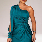Women's One-Shoulder Maxi Evening Dress with Side Slit – Twist Waist Formal Gown