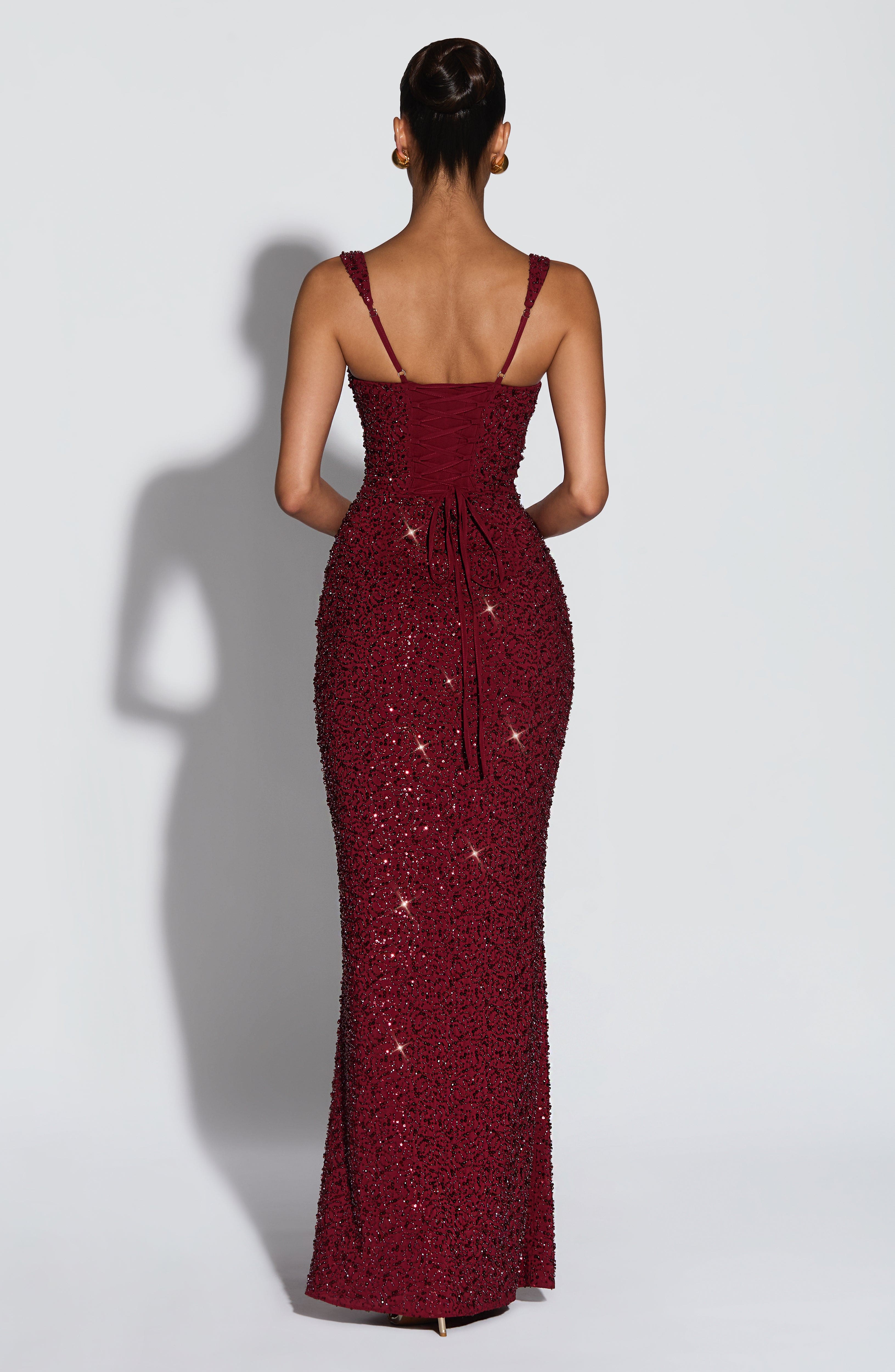 Women's Sequin Evening Maxi Dress with Square Neck & Lace-Up Back – Formal & Prom Gown
