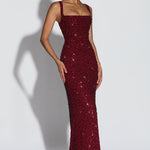 Women's Sequin Evening Maxi Dress with Square Neck & Lace-Up Back – Formal & Prom Gown