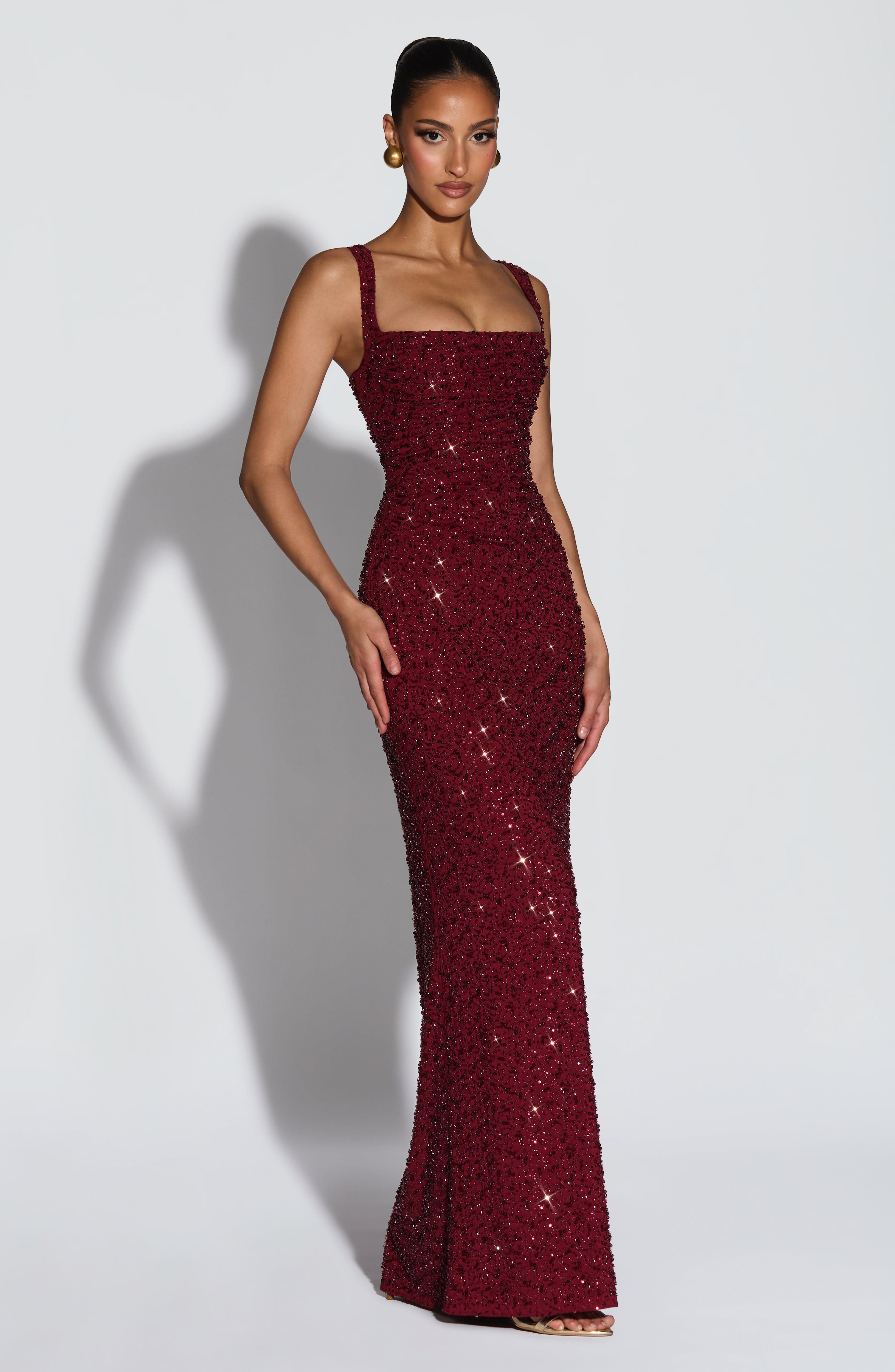 Women's Sequin Evening Maxi Dress with Square Neck & Lace-Up Back – Formal & Prom Gown