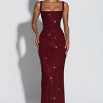 Women's Sequin Evening Maxi Dress with Square Neck & Lace-Up Back – Formal & Prom Gown