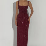 Women's Sequin Evening Maxi Dress with Square Neck & Lace-Up Back – Formal & Prom Gown