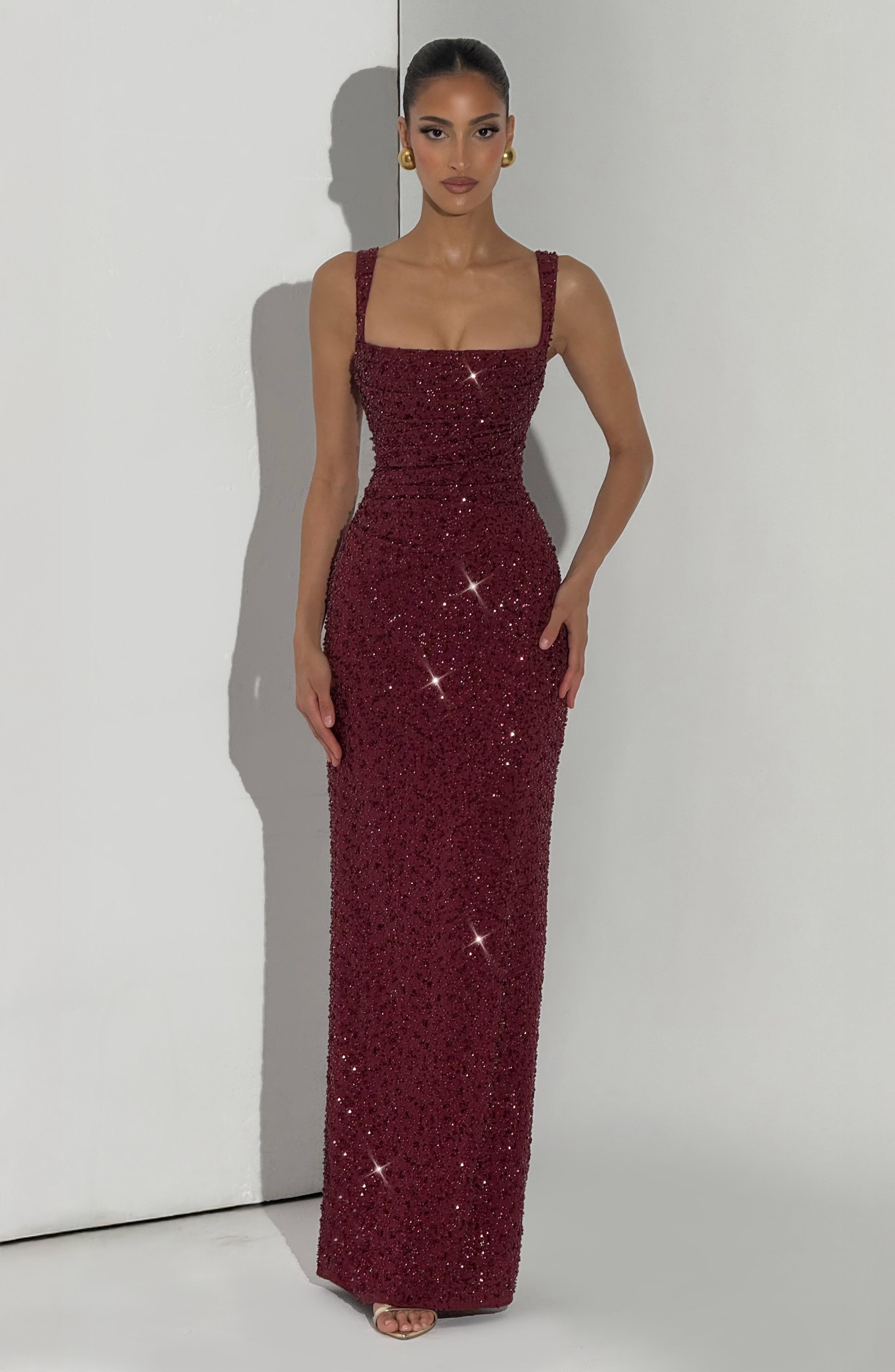 Women's Sequin Evening Maxi Dress with Square Neck & Lace-Up Back – Formal & Prom Gown