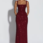 Women's Sequin Evening Maxi Dress with Square Neck & Lace-Up Back – Formal & Prom Gown