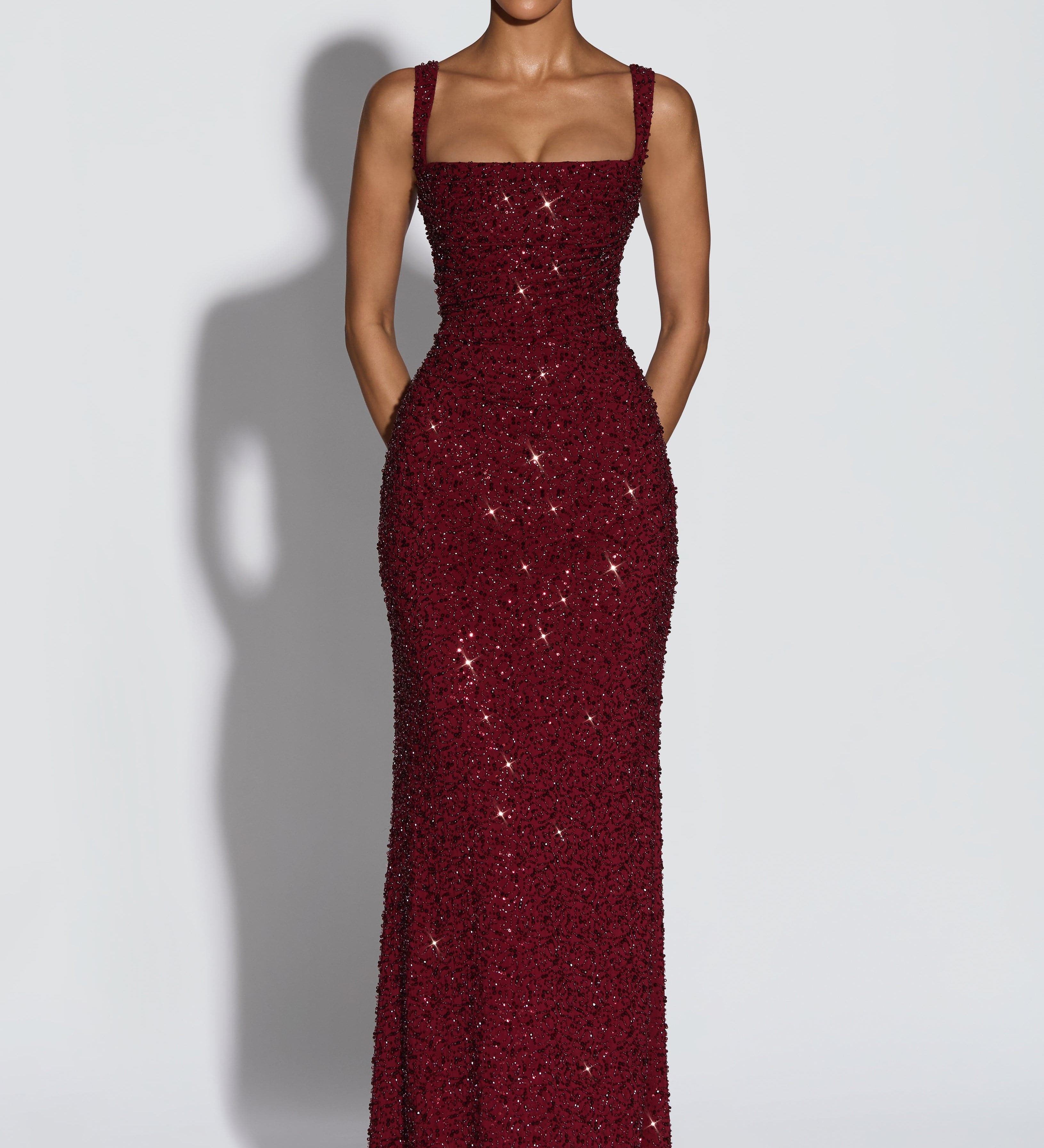 Women's Sequin Evening Maxi Dress with Square Neck & Lace-Up Back – Formal & Prom Gown
