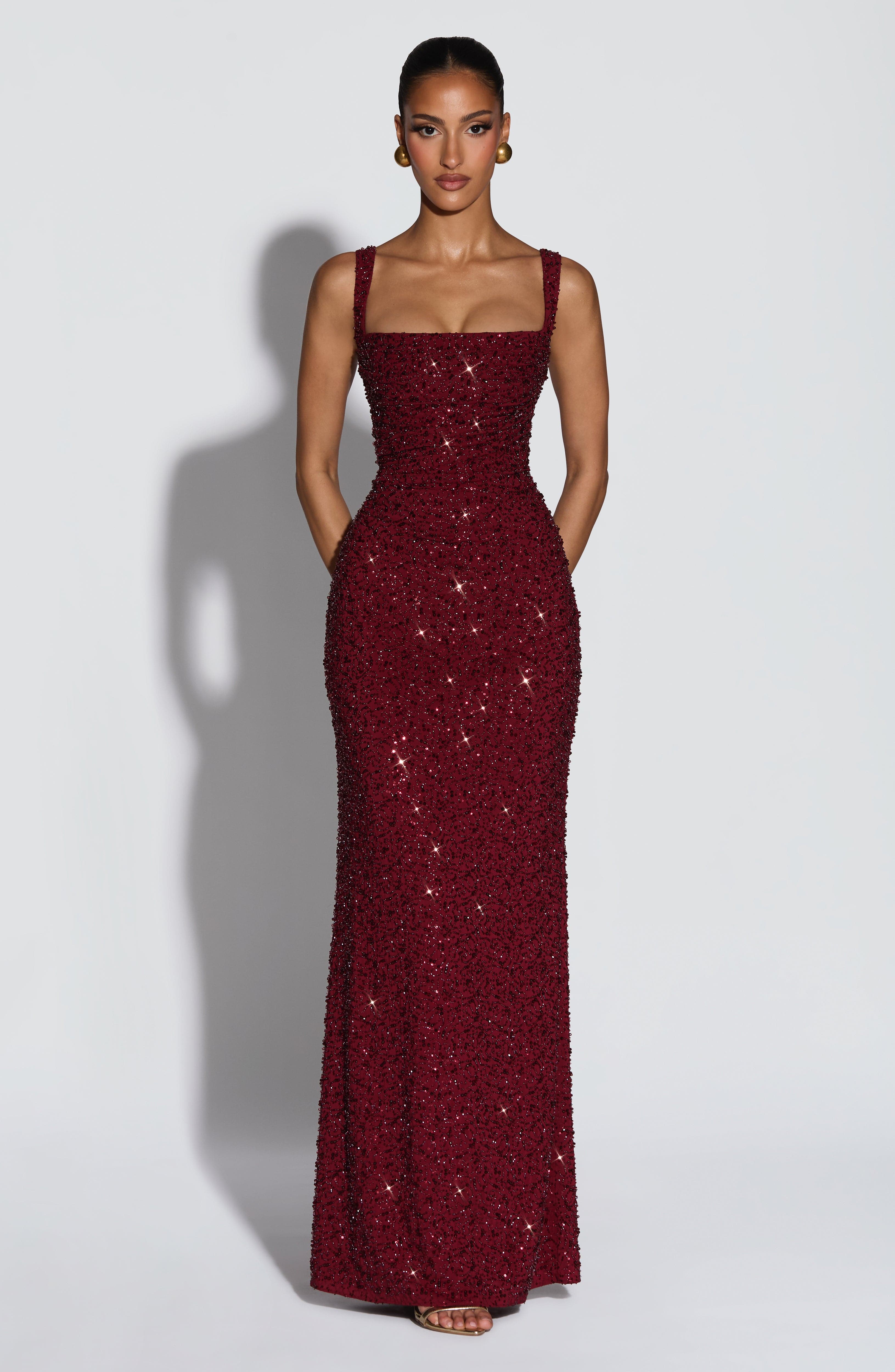 Women's Sequin Evening Maxi Dress with Square Neck & Lace-Up Back – Formal & Prom Gown