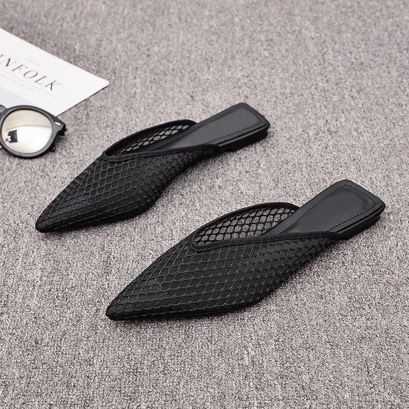 Women's Fishnet Mesh Mules – Pointed Toe Slip-On Low Block Heel Shoes