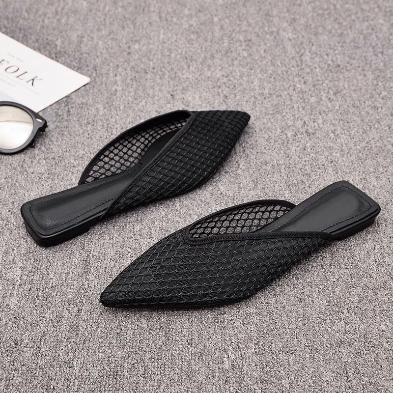 Women's Fishnet Mesh Mules – Pointed Toe Slip-On Low Block Heel Shoes