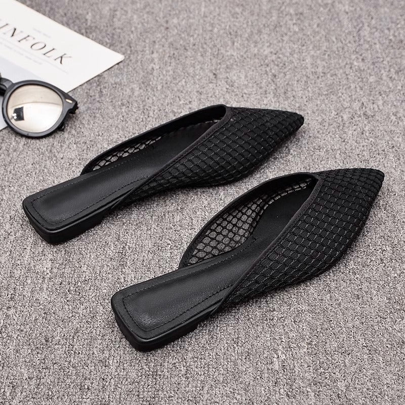 Women's Fishnet Mesh Mules – Pointed Toe Slip-On Low Block Heel Shoes