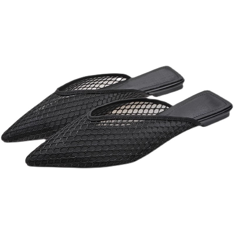 Women's Fishnet Mesh Mules – Pointed Toe Slip-On Low Block Heel Shoes