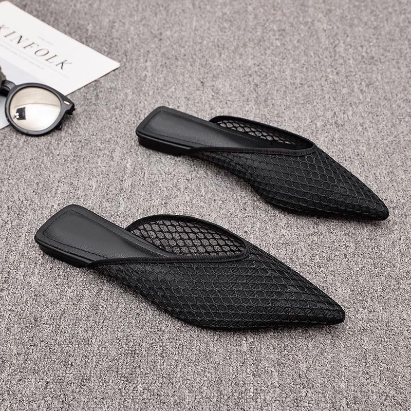 Women's Fishnet Mesh Mules – Pointed Toe Slip-On Low Block Heel Shoes