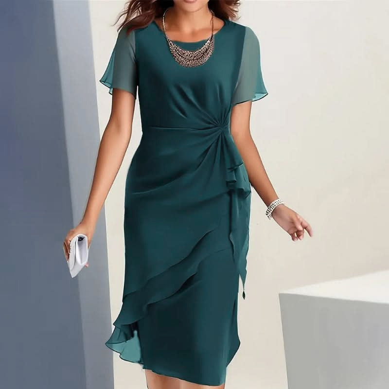 Women's Flutter Sleeve Midi Dress with Waist Knot and Ruffle Hem – Formal Wedding Guest Dress