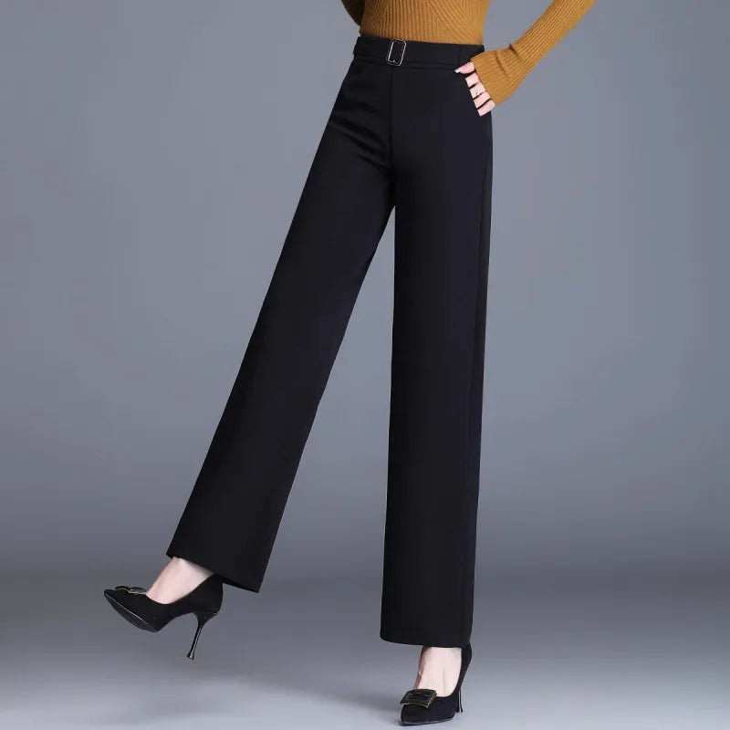 Women's High-Waist Wide-Leg Work Pants with Side Pockets – Buckle Detail Tailored Pants