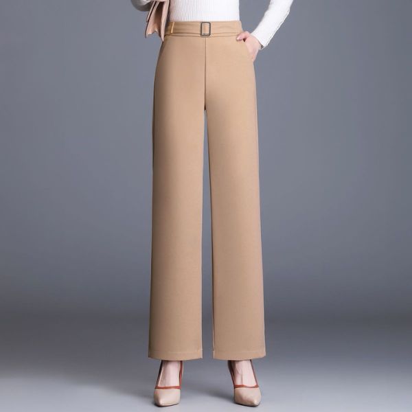 Women's High-Waist Wide-Leg Work Pants with Side Pockets – Buckle Detail Tailored Pants