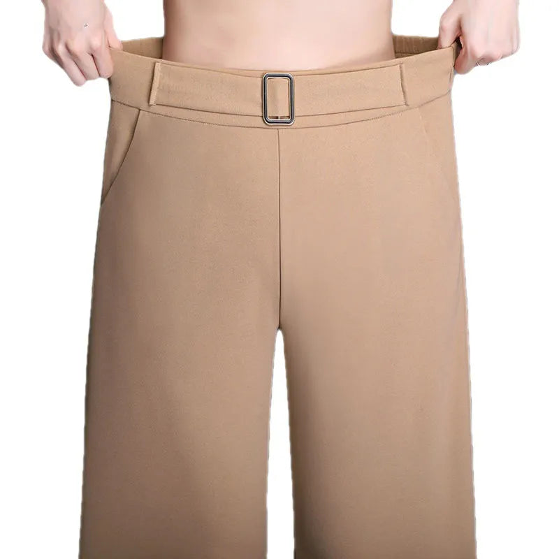 Women's High-Waist Wide-Leg Work Pants with Side Pockets – Buckle Detail Tailored Pants