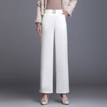 Women's High-Waist Wide-Leg Work Pants with Side Pockets – Buckle Detail Tailored Pants