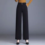 Women's High-Waist Wide-Leg Work Pants with Side Pockets – Buckle Detail Tailored Pants