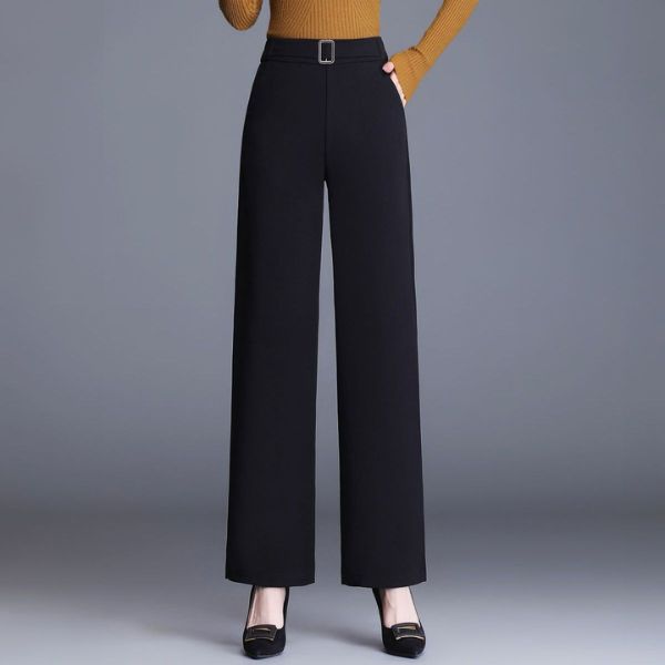 Women's High-Waist Wide-Leg Work Pants with Side Pockets – Buckle Detail Tailored Pants
