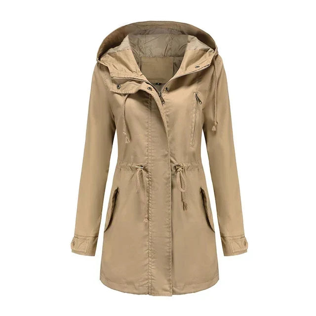 Women's Hooded Longline Jacket with Drawstring Waist & Zip Front – Utility Spring Jacket