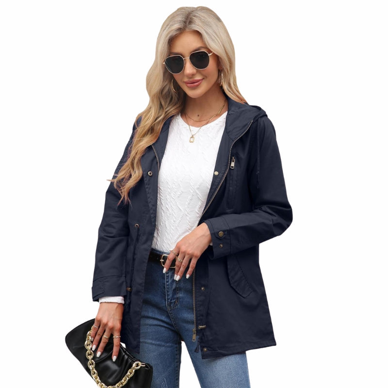 Women's Hooded Longline Jacket with Drawstring Waist & Zip Front – Utility Spring Jacket