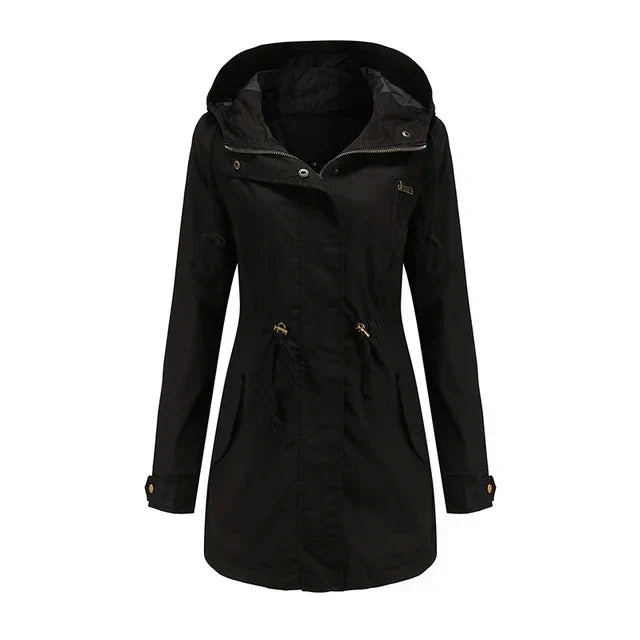 Women's Hooded Longline Jacket with Drawstring Waist & Zip Front – Utility Spring Jacket