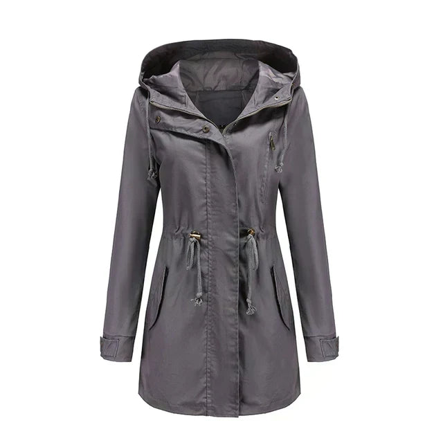 Women's Hooded Longline Jacket with Drawstring Waist & Zip Front – Utility Spring Jacket